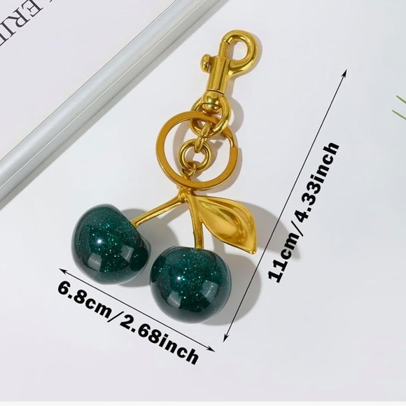 Cherry bag charm in hunter green with sparkles and gold hardware - Picture 2 of 5